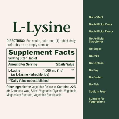 Nature's Bounty L-Lysin 1000 mg, 60 Tabletten – Hochdosierte Aminosäure zur Unterstützung des Immunsystems