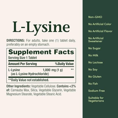 Nature's Bounty L-Lysin 1000 mg, 60 Tabletten – Hochdosierte Aminosäure zur Unterstützung des Immunsystems