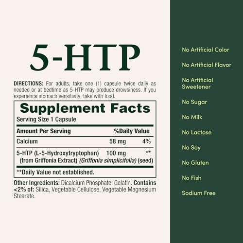 Nature's Bounty 5-HTP 100 mg Kapseln – Nahrungsergänzungsmittel zur Unterstützung einer ruhigen und ausgeglichenen Stimmung, 60 Kapseln