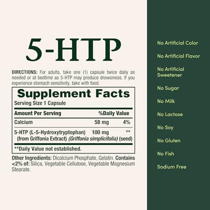 Nature's Bounty 5-HTP 100 mg Kapseln – Nahrungsergänzungsmittel zur Unterstützung einer ruhigen und ausgeglichenen Stimmung, 60 Kapseln