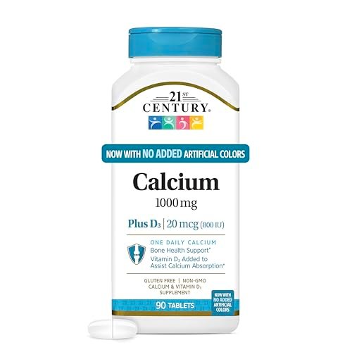 21st Century Calcium Plus D3 Tabletten, 90 Stück, 1000 mg Calcium mit Vitamin D3 20 µg (800 IE), glutenfrei & nicht-GVO, Knochengesundheitspräparat für Männer & Frauen, ohne zugesetzte Hefe oder künstliche Aromen