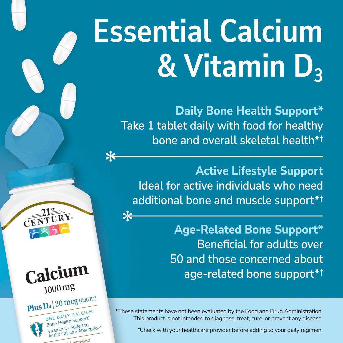 21st Century Calcium Plus D3 Tabletten, 90 Stück, 1000 mg Calcium mit Vitamin D3 20 µg (800 IE), glutenfrei & nicht-GVO, Knochengesundheitspräparat für Männer & Frauen, ohne zugesetzte Hefe oder künstliche Aromen