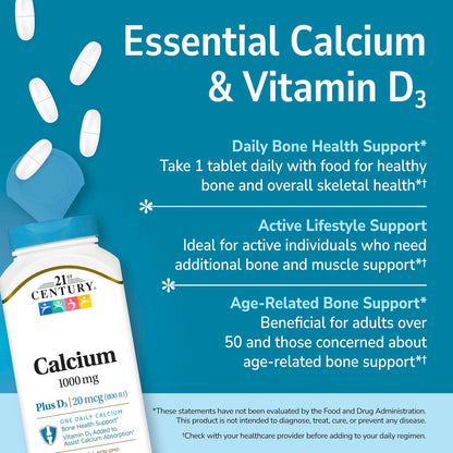 21st Century Calcium Plus D3 Tabletten, 90 Stück, 1000 mg Calcium mit Vitamin D3 20 µg (800 IE), glutenfrei & nicht-GVO, Knochengesundheitspräparat für Männer & Frauen, ohne zugesetzte Hefe oder künstliche Aromen