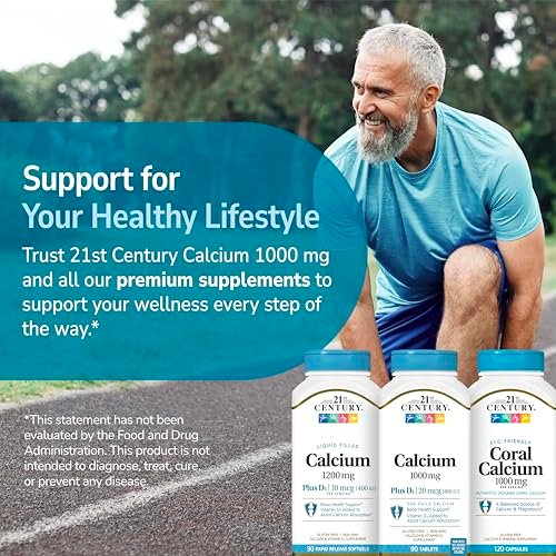 21st Century Calcium Plus D3 Tabletten, 90 Stück, 1000 mg Calcium mit Vitamin D3 20 µg (800 IE), glutenfrei & nicht-GVO, Knochengesundheitspräparat für Männer & Frauen, ohne zugesetzte Hefe oder künstliche Aromen