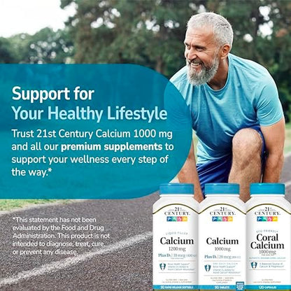 21st Century Calcium Plus D3 Tabletten, 90 Stück, 1000 mg Calcium mit Vitamin D3 20 µg (800 IE), glutenfrei & nicht-GVO, Knochengesundheitspräparat für Männer & Frauen, ohne zugesetzte Hefe oder künstliche Aromen