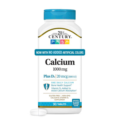 21st Century Calcium Plus D3 Tabletten, 90 Stück, 1000 mg Calcium mit Vitamin D3 20 µg (800 IE), glutenfrei & nicht-GVO, Knochengesundheitspräparat für Männer & Frauen, ohne zugesetzte Hefe oder künstliche Aromen