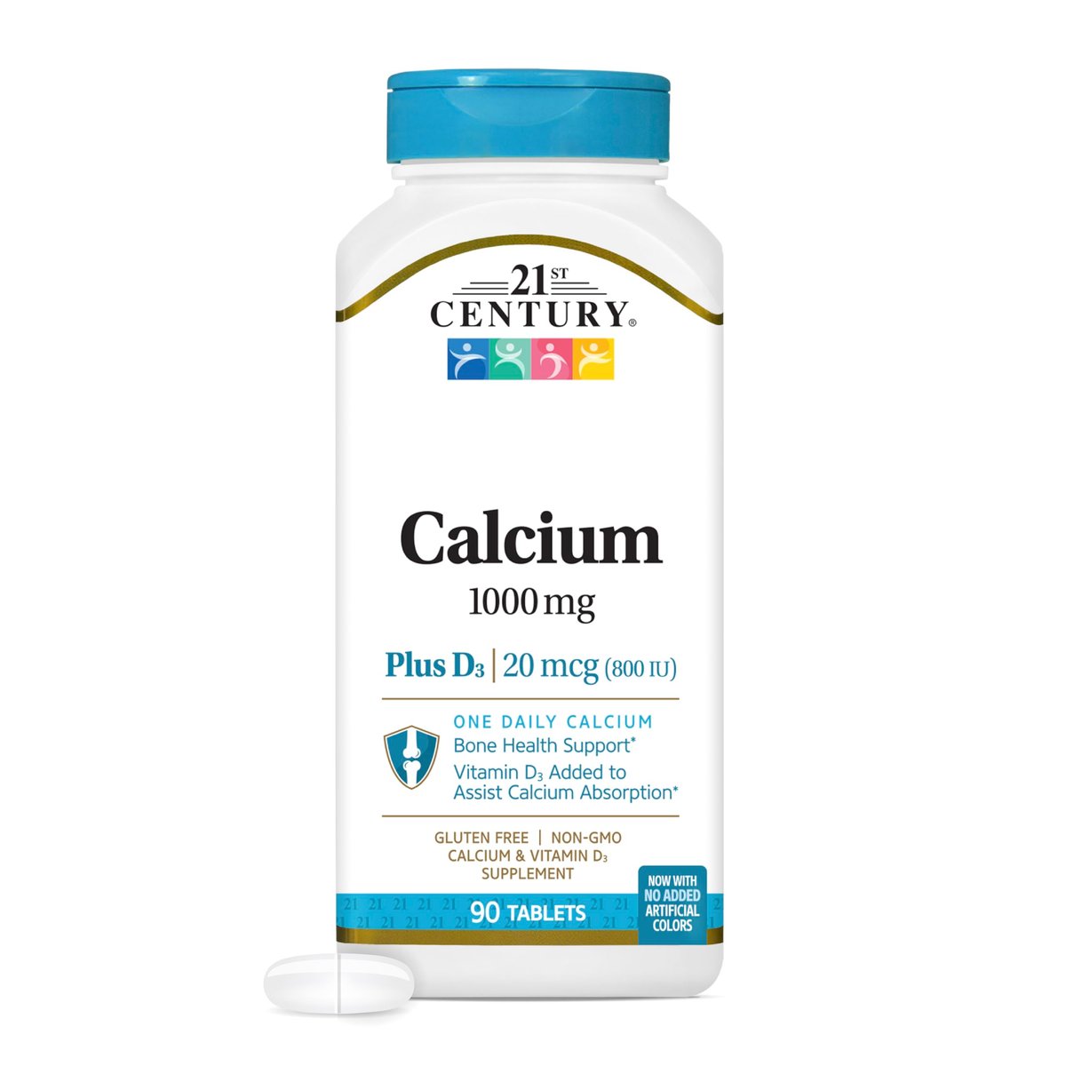 21st Century Calcium Plus D3 Tabletten, 90 Stück, 1000 mg Calcium mit Vitamin D3 20 µg (800 IE), glutenfrei & nicht-GVO, Knochengesundheitspräparat für Männer & Frauen, ohne zugesetzte Hefe oder künstliche Aromen