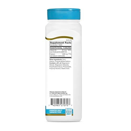 21st Century Calcium Plus D3 Tabletten, 90 Stück, 1000 mg Calcium mit Vitamin D3 20 µg (800 IE), glutenfrei & nicht-GVO, Knochengesundheitspräparat für Männer & Frauen, ohne zugesetzte Hefe oder künstliche Aromen