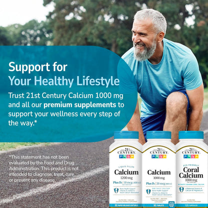 21st Century Calcium Plus D3 Tabletten, 90 Stück, 1000 mg Calcium mit Vitamin D3 20 µg (800 IE), glutenfrei & nicht-GVO, Knochengesundheitspräparat für Männer & Frauen, ohne zugesetzte Hefe oder künstliche Aromen
