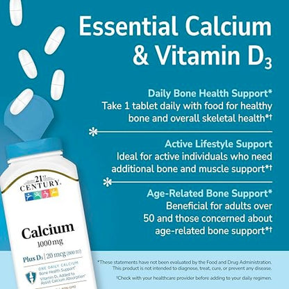 21st Century Calcium Plus D3 Tabletten, 90 Stück, 1000 mg Calcium mit Vitamin D3 20 µg (800 IE), glutenfrei & nicht-GVO, Knochengesundheitspräparat für Männer & Frauen, ohne zugesetzte Hefe oder künstliche Aromen