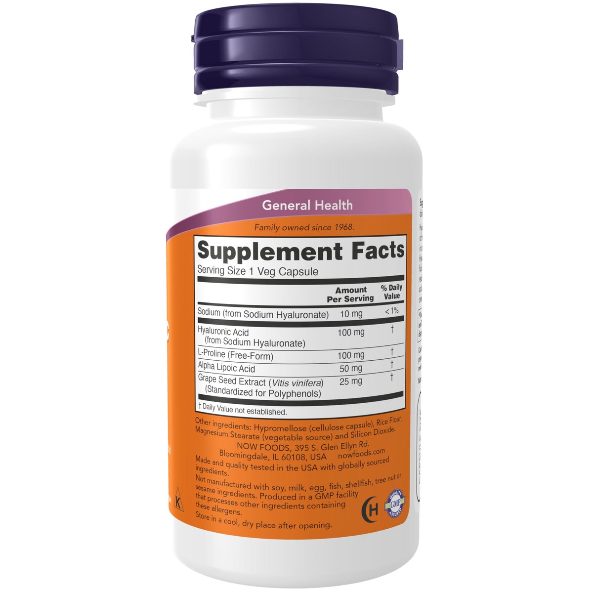 NOW Foods Hyaluronsäure 100 mg, Doppelte Stärke mit L-Prolin, Alpha-Liponsäure und Traubenkernextrakt, 60 vegane Kapseln