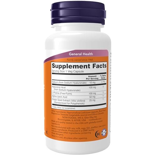NOW Foods Hyaluronsäure 100 mg, Doppelte Stärke mit L-Prolin, Alpha-Liponsäure und Traubenkernextrakt, 60 vegane Kapseln