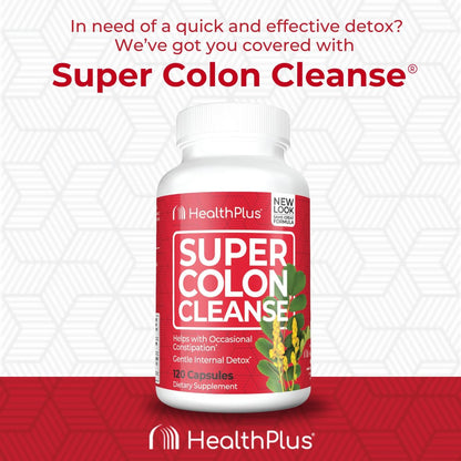 Health Plus Super Colon Cleanse - 30-Tage-Kur mit Psylliumschalen, Probiotika und Ballaststoffen für sanfte Darmreinigung, Verstopfungslinderung und Verdauungsunterstützung, 120 Kapseln