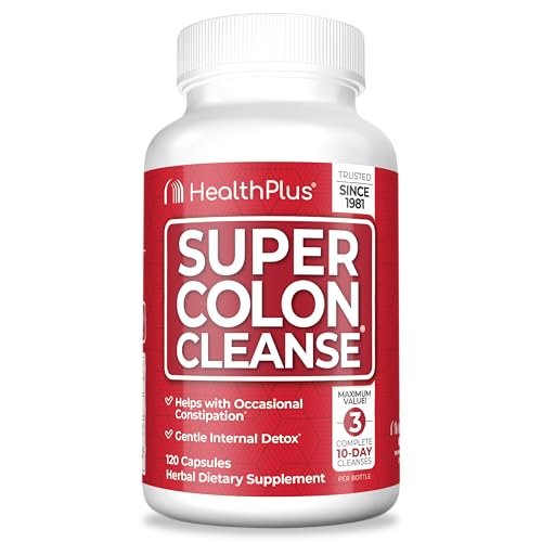 Health Plus Super Colon Cleanse - 30-Tage-Kur mit Psylliumschalen, Probiotika und Ballaststoffen für sanfte Darmreinigung, Verstopfungslinderung und Verdauungsunterstützung, 120 Kapseln