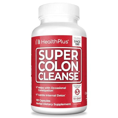 Health Plus Super Colon Cleanse - 30-Tage-Kur mit Psylliumschalen, Probiotika und Ballaststoffen für sanfte Darmreinigung, Verstopfungslinderung und Verdauungsunterstützung, 120 Kapseln