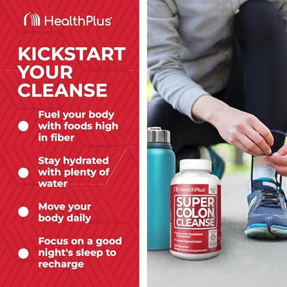 Health Plus Super Colon Cleanse - 30-Tage-Kur mit Psylliumschalen, Probiotika und Ballaststoffen für sanfte Darmreinigung, Verstopfungslinderung und Verdauungsunterstützung, 120 Kapseln