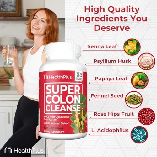 Health Plus Super Colon Cleanse - 30-Tage-Kur mit Psylliumschalen, Probiotika und Ballaststoffen für sanfte Darmreinigung, Verstopfungslinderung und Verdauungsunterstützung, 120 Kapseln