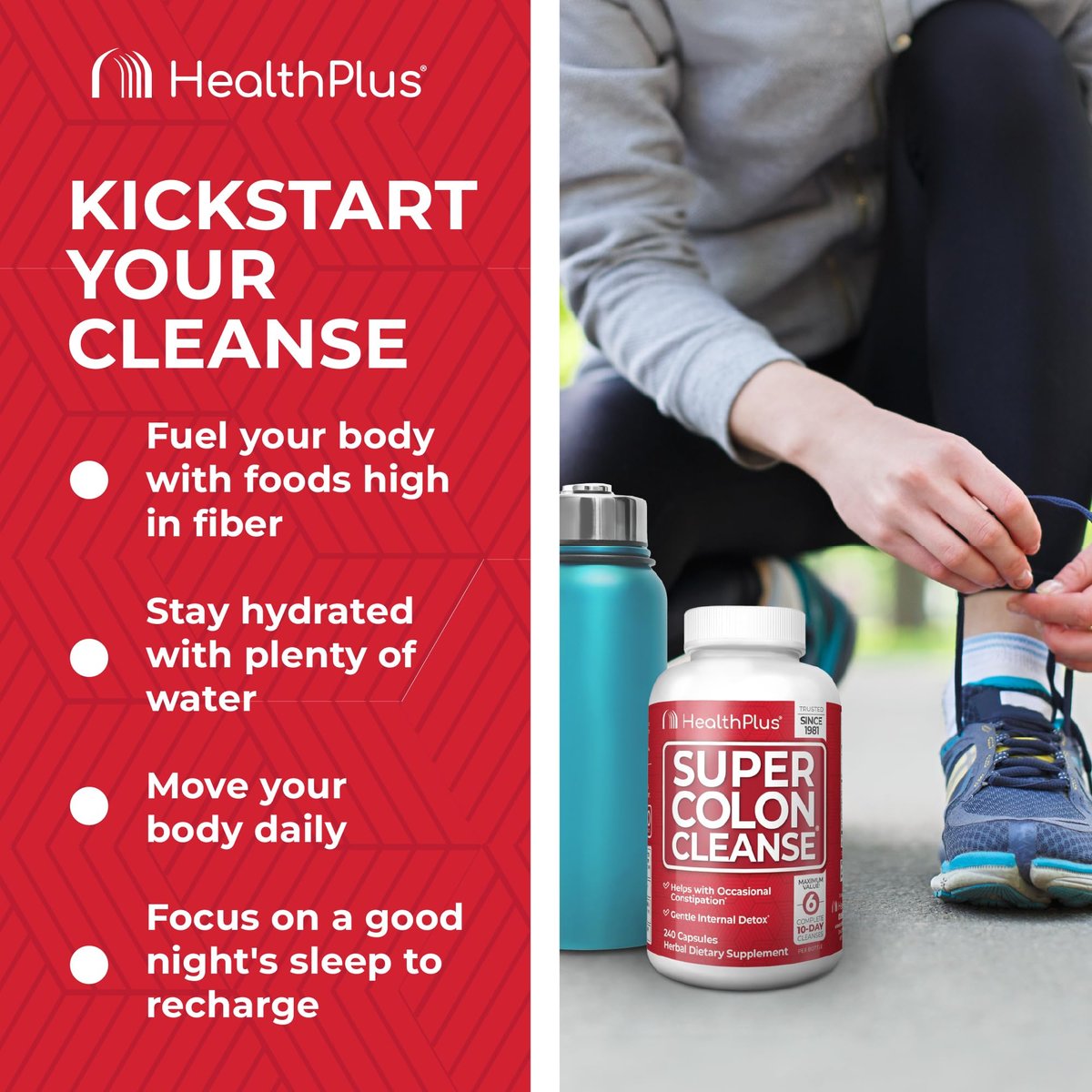 Health Plus Super Colon Cleanse - 30-Tage-Kur mit Psylliumschalen, Probiotika und Ballaststoffen für sanfte Darmreinigung, Verstopfungslinderung und Verdauungsunterstützung, 120 Kapseln