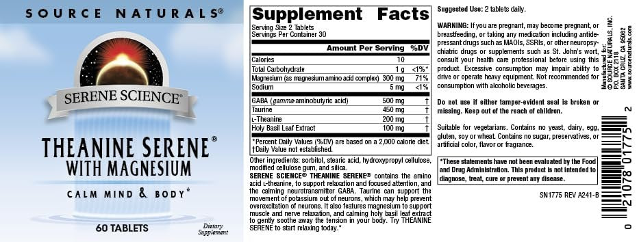 Source Naturals Serene Science L-Theanin mit Magnesium und GABA – 60 Tabletten