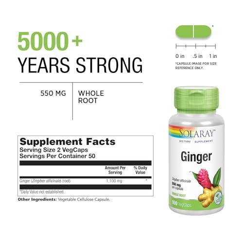 SOLARAY Ingwerwurzel 1100 mg – Gesunde Verdauung, Gelenke und Beweglichkeit & Magenunterstützung – Ganze Wurzel – Non-GMO & Vegan – 100 VegCaps
