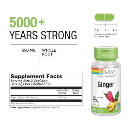 SOLARAY Ingwerwurzel 1100 mg – Gesunde Verdauung, Gelenke und Beweglichkeit & Magenunterstützung – Ganze Wurzel – Non-GMO & Vegan – 100 VegCaps