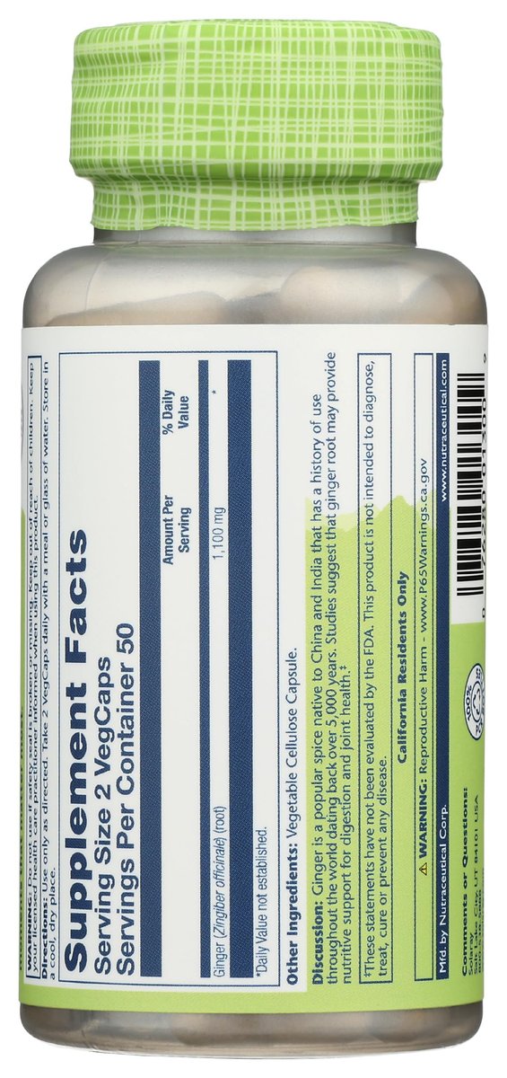 SOLARAY Ingwerwurzel 1100 mg – Gesunde Verdauung, Gelenke und Beweglichkeit & Magenunterstützung – Ganze Wurzel – Non-GMO & Vegan – 100 VegCaps