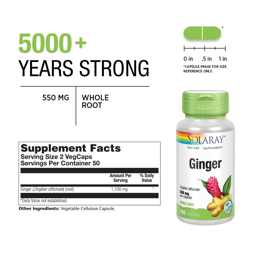 SOLARAY Ingwerwurzel 1100 mg – Gesunde Verdauung, Gelenke und Beweglichkeit & Magenunterstützung – Ganze Wurzel – Non-GMO & Vegan – 100 VegCaps