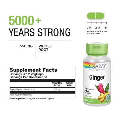SOLARAY Ingwerwurzel 1100 mg – Gesunde Verdauung, Gelenke und Beweglichkeit & Magenunterstützung – Ganze Wurzel – Non-GMO & Vegan – 100 VegCaps