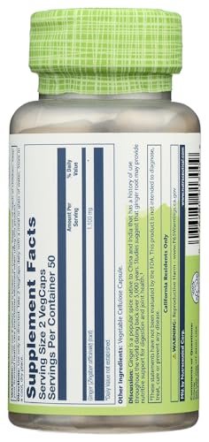 SOLARAY Ingwerwurzel 1100 mg – Gesunde Verdauung, Gelenke und Beweglichkeit & Magenunterstützung – Ganze Wurzel – Non-GMO & Vegan – 100 VegCaps