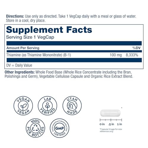 SOLARAY Vitamin B-1 100 mg | Unterstützung für gesunden Energiestoffwechsel, Haut, Gehirn, Herz und Nervensystem | 100 VegCaps