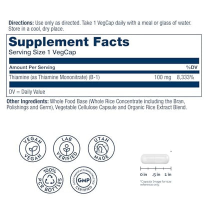SOLARAY Vitamin B-1 100 mg | Unterstützung für gesunden Energiestoffwechsel, Haut, Gehirn, Herz und Nervensystem | 100 VegCaps