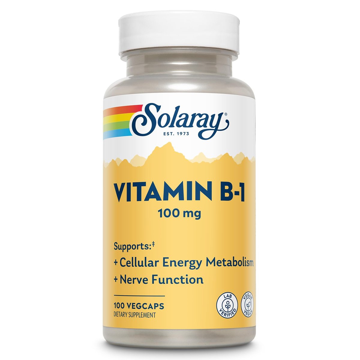 SOLARAY Vitamin B-1 100 mg | Unterstützung für gesunden Energiestoffwechsel, Haut, Gehirn, Herz und Nervensystem | 100 VegCaps