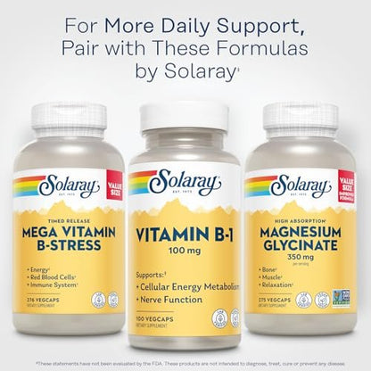 SOLARAY Vitamin B-1 100 mg | Unterstützung für gesunden Energiestoffwechsel, Haut, Gehirn, Herz und Nervensystem | 100 VegCaps