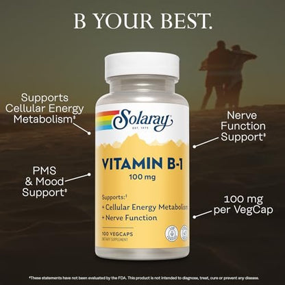 SOLARAY Vitamin B-1 100 mg | Unterstützung für gesunden Energiestoffwechsel, Haut, Gehirn, Herz und Nervensystem | 100 VegCaps