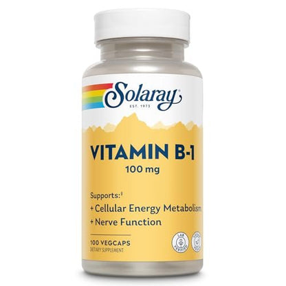 SOLARAY Vitamin B-1 100 mg | Unterstützung für gesunden Energiestoffwechsel, Haut, Gehirn, Herz und Nervensystem | 100 VegCaps