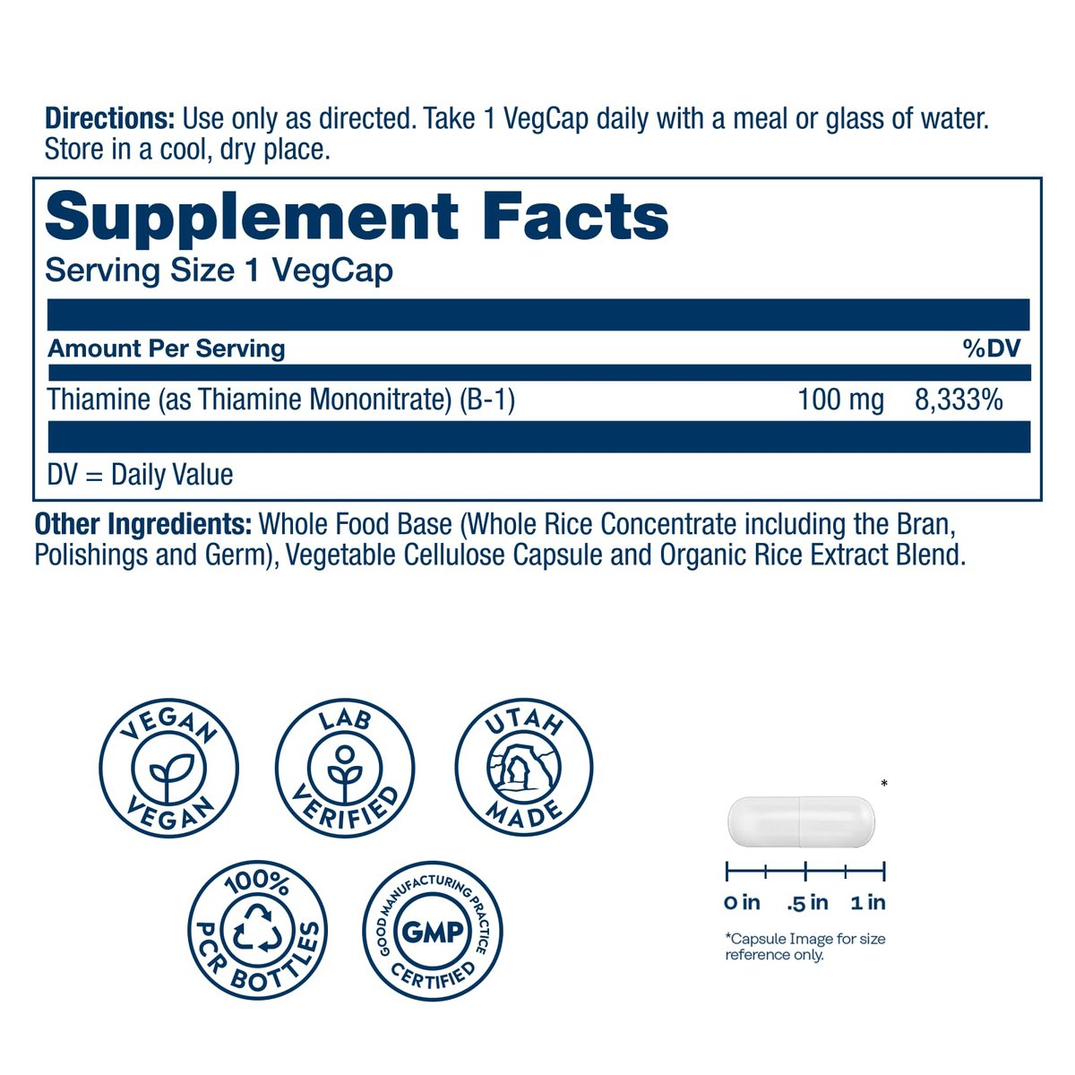 SOLARAY Vitamin B-1 100 mg | Unterstützung für gesunden Energiestoffwechsel, Haut, Gehirn, Herz und Nervensystem | 100 VegCaps