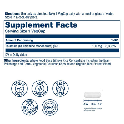 SOLARAY Vitamin B-1 100 mg | Unterstützung für gesunden Energiestoffwechsel, Haut, Gehirn, Herz und Nervensystem | 100 VegCaps