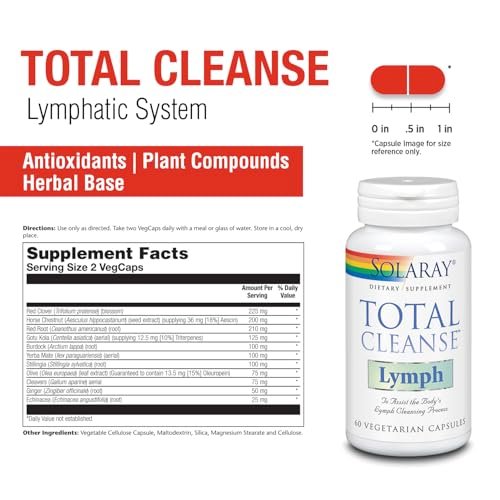 SOLARAY Total Cleanse Lymph – Kräuterkomplex für das Lymphsystem – mit Ingwerwurzel, Echinacea, Yerba Mate, Klettenwurzel, Rotklee, Gotu Kola und Rosskastanie – 60 VegCaps, 30 Portionen