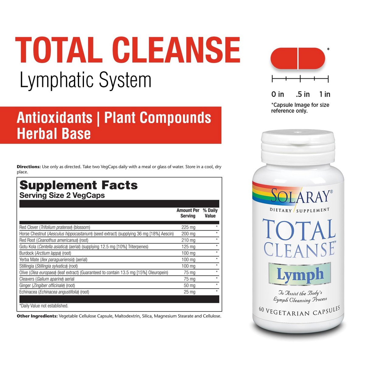 SOLARAY Total Cleanse Lymph – Kräuterkomplex für das Lymphsystem – mit Ingwerwurzel, Echinacea, Yerba Mate, Klettenwurzel, Rotklee, Gotu Kola und Rosskastanie – 60 VegCaps, 30 Portionen