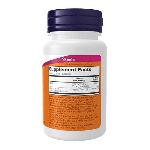 NOW Foods Vitamin B-12 1.000 mcg mit Folsäure, 100 Kautabletten – Unterstützt das Nervensystem