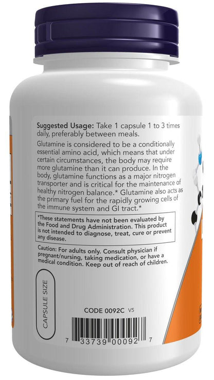 NOW Foods L-Glutamin 500 mg, Stickstofftransporter*, Aminosäure, 120 vegane Kapseln