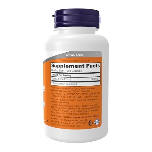 NOW Supplements, Taurin 500 mg, Unterstützung des Nervensystems*, Aminosäure, 100 vegane Kapseln