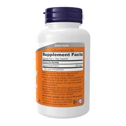NOW Supplements, Taurin 500 mg, Unterstützung des Nervensystems*, Aminosäure, 100 vegane Kapseln