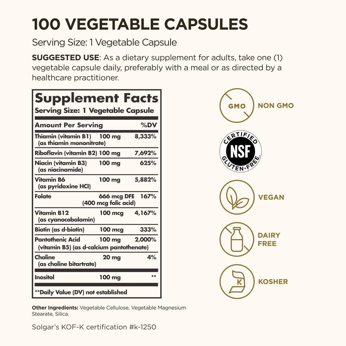 Solgar B-Komplex "100" - 100 vegane Kapseln - Unterstützt den Energiestoffwechsel & das Nervensystem - Non-GMO, glutenfrei, laktosefrei, koscher