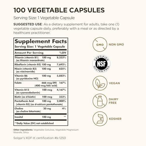 Solgar B-Komplex "100" - 100 vegane Kapseln - Unterstützt den Energiestoffwechsel & das Nervensystem - Non-GMO, glutenfrei, laktosefrei, koscher