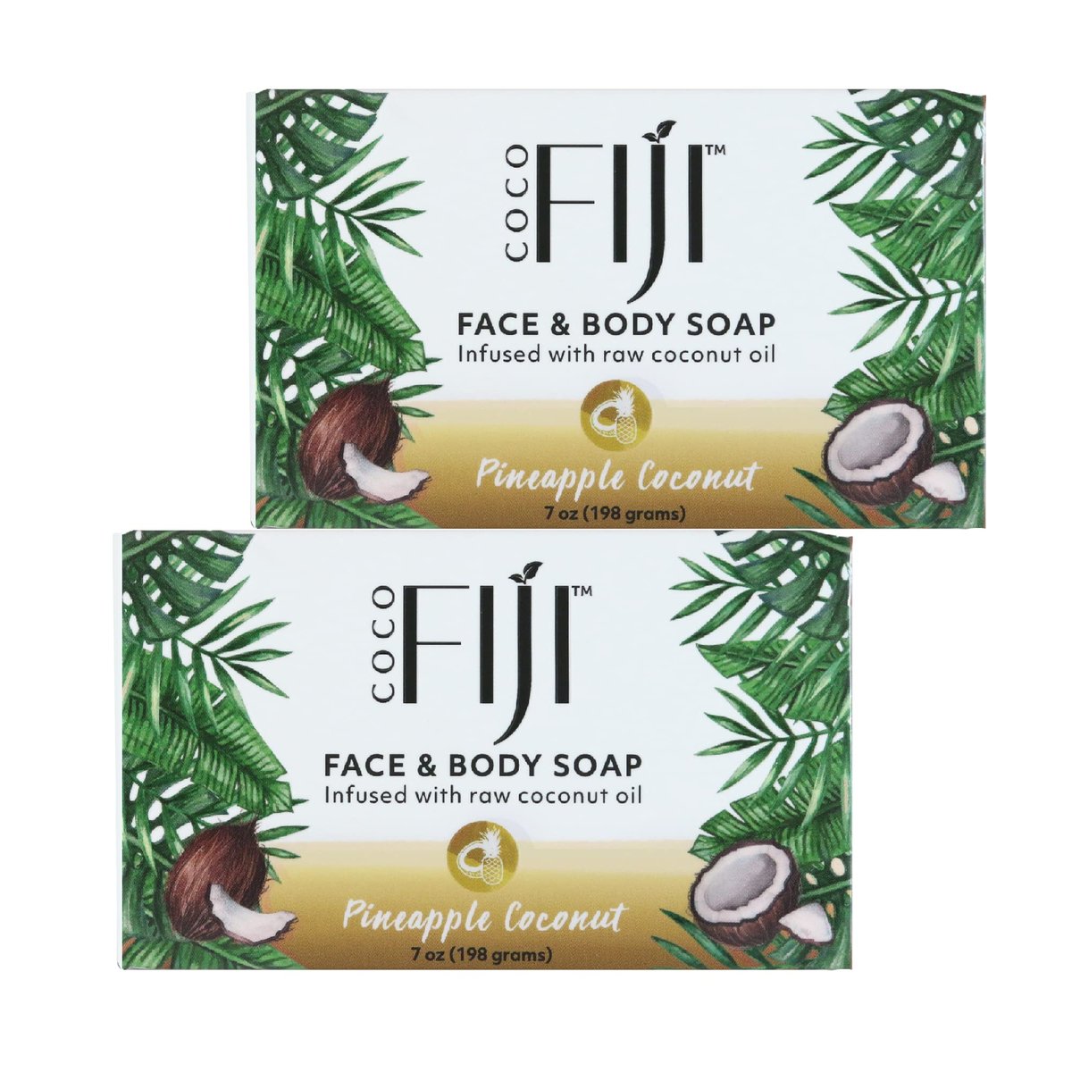 Coco Fiji Seifenbar für Gesicht und Körper mit Bio-Kokosöl, Ananas-Kokos-ätherischem Öl, natürliche Seife zur Feuchtigkeitsversorgung und Porenreinigung, 198 g, 2er-Pack