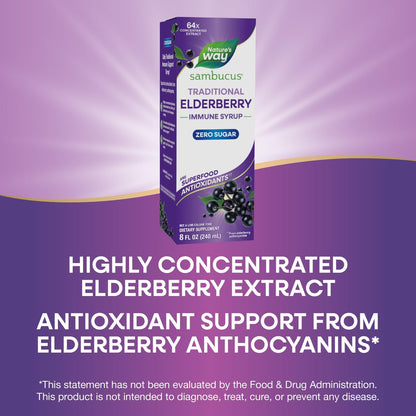 Nature’s Way Sambucus Zero Sugar Traditioneller Holundersirup – Hochkonzentrierter Holunderextrakt, zuckerfrei, Beerengeschmack, 240 ml
