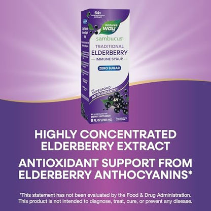 Nature’s Way Sambucus Zero Sugar Traditioneller Holundersirup – Hochkonzentrierter Holunderextrakt, zuckerfrei, Beerengeschmack, 240 ml
