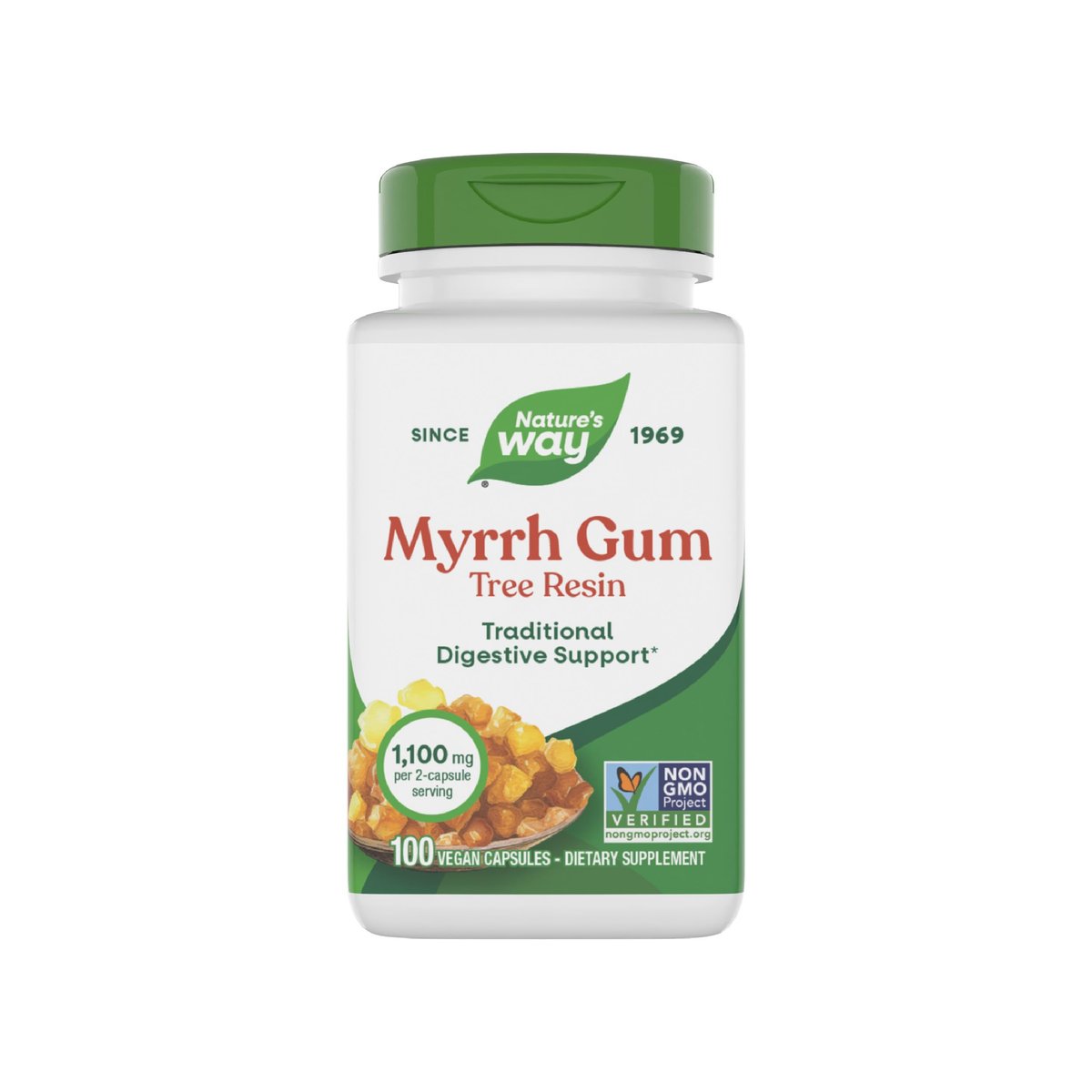 Nature's Way Myrrhe-Gummi-Harz, traditionelle Verdauungsunterstützung*, 1,1 g pro 2-Kapsel-Portion, Non-GMO Project verifiziert, glutenfrei, 100 vegane Kapseln