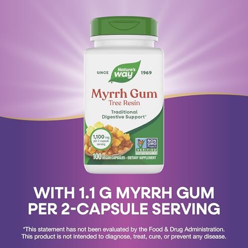 Nature's Way Myrrhe-Gummi-Harz, traditionelle Verdauungsunterstützung*, 1,1 g pro 2-Kapsel-Portion, Non-GMO Project verifiziert, glutenfrei, 100 vegane Kapseln
